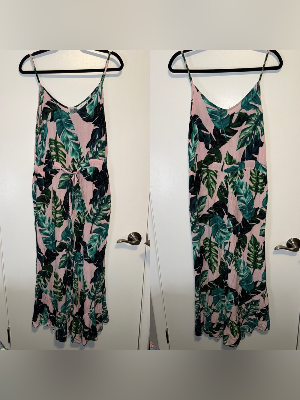 Lush Pink and Green Tropical Leaf Spaghetti Strap Bell Bottom Jumpsuit